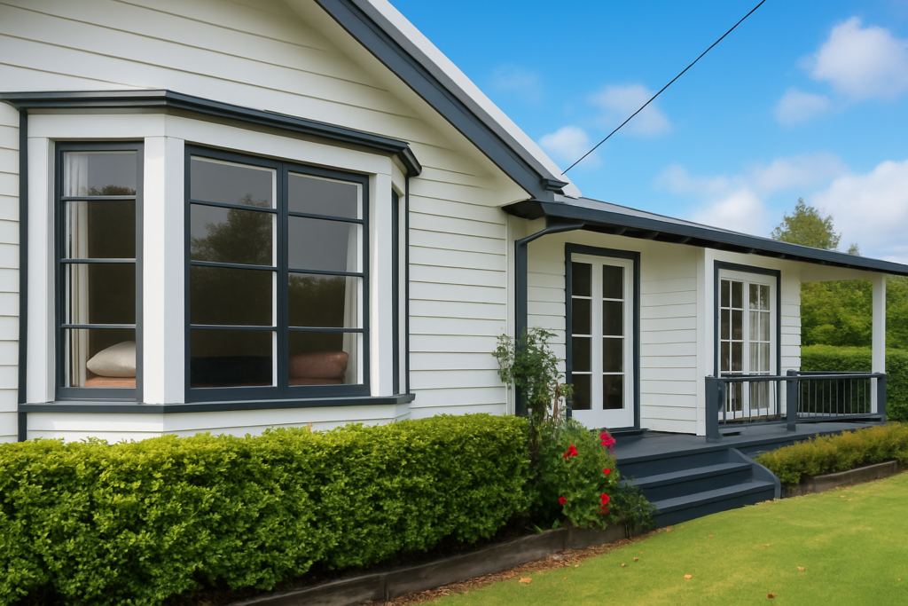 Refurbished weatherboard home with a fresh white exterior and dark grey trim after professional painting by Tomar Contracting in Hamilton