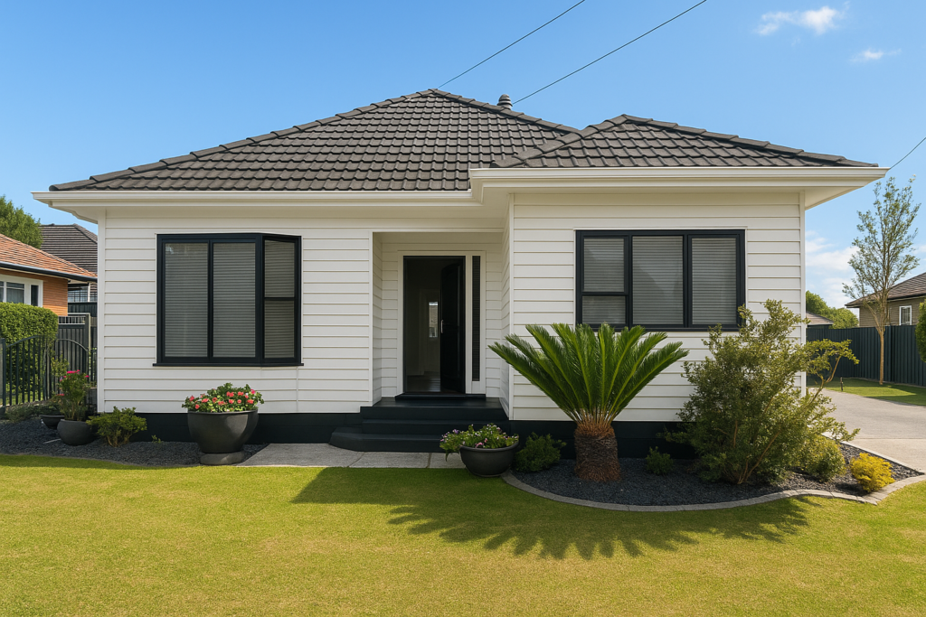 A freshly painted residential home in Hamilton featuring white weatherboard cladding, black window trim, and a tidy front lawn under clear daylight