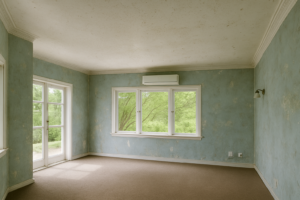 Peeling and patchy wall surfaces before professional painting by Tomar Contracting Hamilton