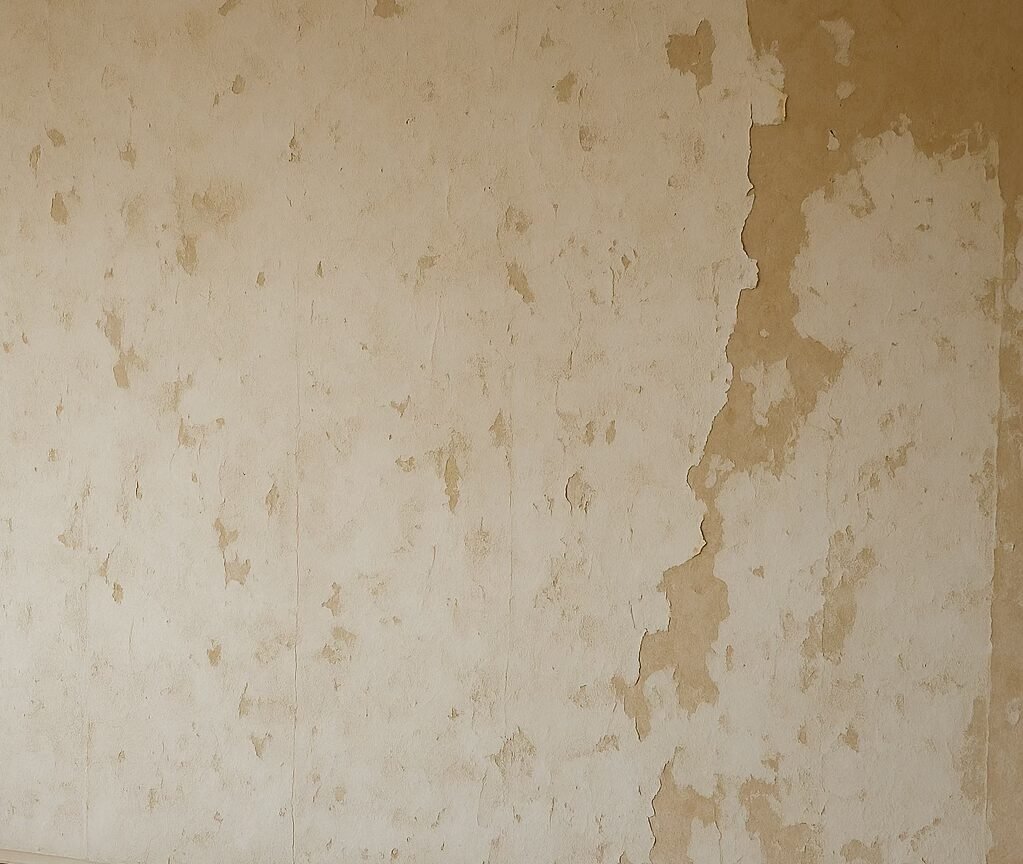 ALT Text: Interior wall with wallpaper removed, showing surface condition before sealing